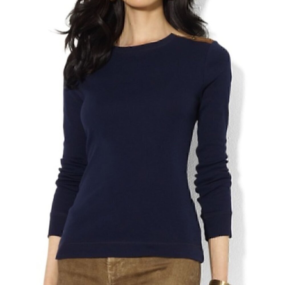 LAUREN RALPH LAUREN LRL Gacy Zip Shoulder Crew Navy Blue Long Sleeve Cotton Top